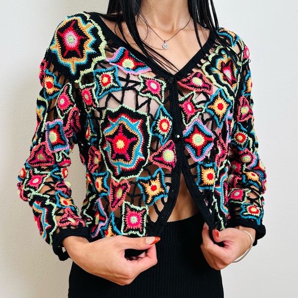 Vintage Norm Thompson Colorful Crochet Knit Cardigan Boho Open Weave Y2K - Picture 4 of 8